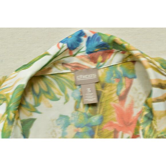 Chico's Women's Tropical Floral Button-Up Shirt Blouse Regular Size 3 Polyester - Picture 5 of 8
